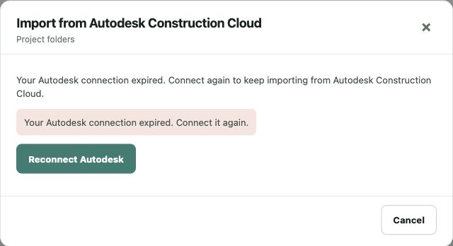 Actual Groundbook Autodesk import dialog showing an expired connection and Reconnect Autodesk button.