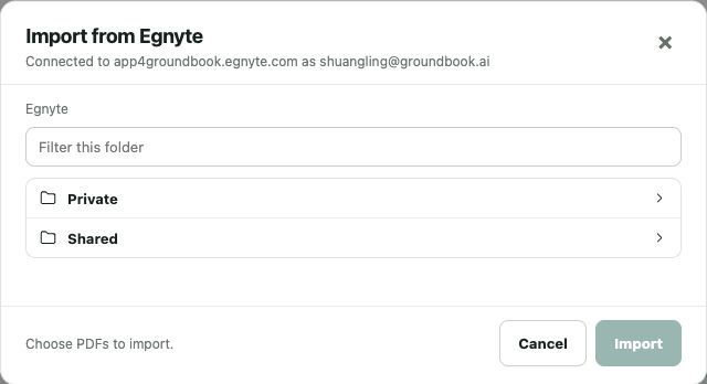 Actual Groundbook Egnyte picker with Private and Shared root folder choices.
