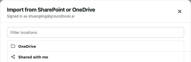 Groundbook Microsoft picker showing OneDrive and Shared with me choices; organization locations are outside the capture.