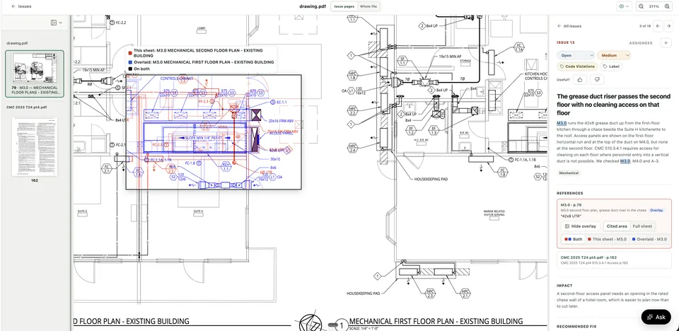 Groundbook drawing overlay: the first-floor mechanical plan in blue laid over the second-floor plan in red, with the grease duct riser in black, beside a finding about missing cleaning access.